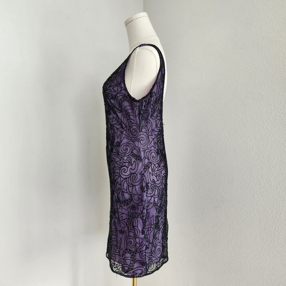 Vintage 90s Laurence Kazar Purple Black Beaded Sheath Dress Sleeveless Mini S - Picture 4 of 12